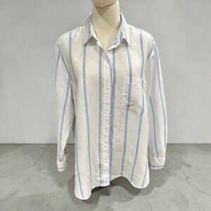 H M Button Up Linen Shirt Size L Blue Striped Long Sleeve Coastal Preppy Beachy